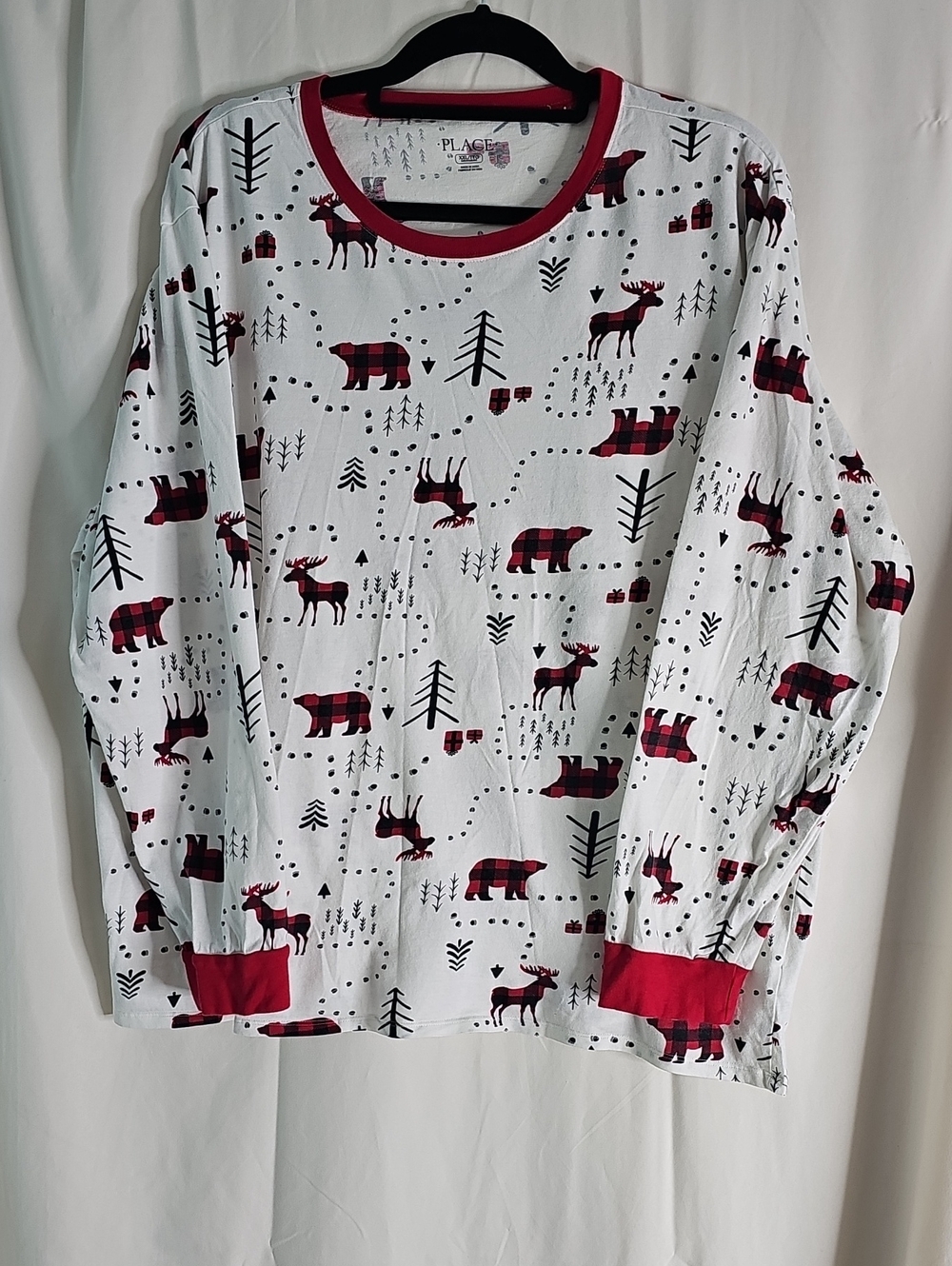 The Children's Place White Long Sleeve Moose & Bear Pajama Top - Red Trim
